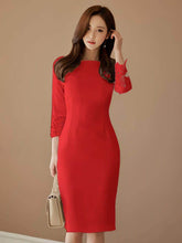 Mosaic Lace-Embellished Sleeves Midi Dress S / Red